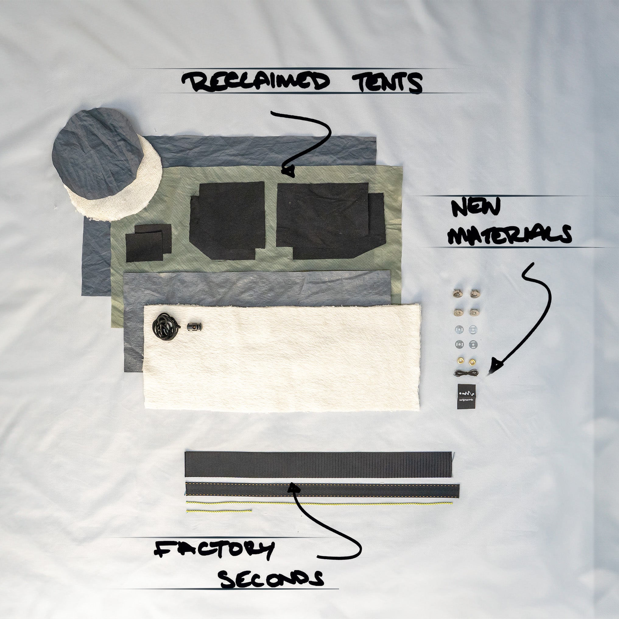 Breakdown of textile waste, factory seconds, and virgin material used to make the chalk barrel; waste in progress; wip; wipwrk