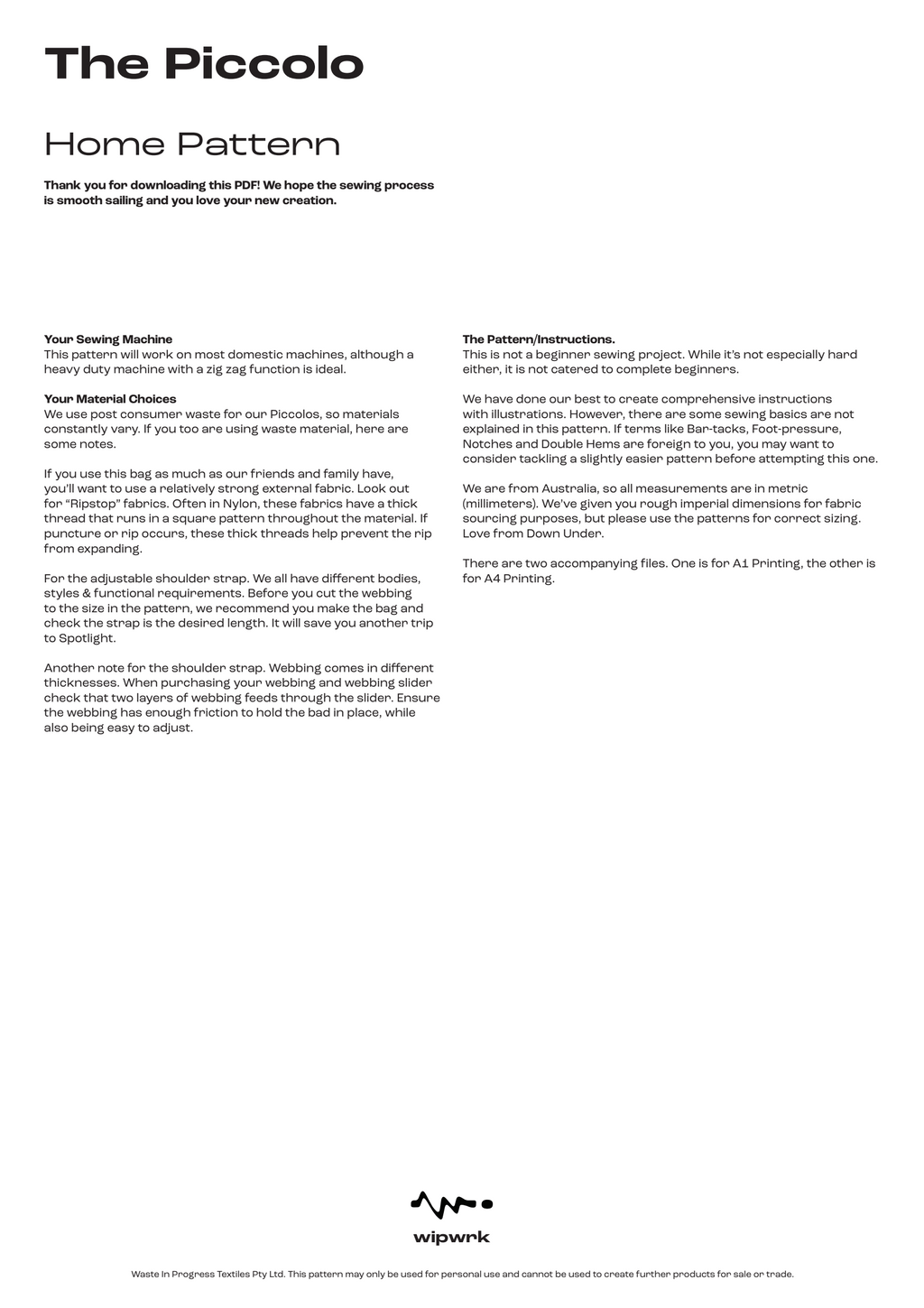 The Piccolo- Home Pattern PDF